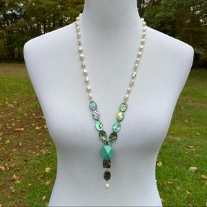 JODIE M Y NECKLACE STERLING SILVER 925 FRESHWATER PEARLS ABALONE TURQUOISE 30”